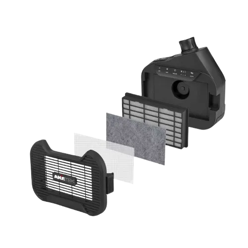 Explosionsansicht der AKETEK® AIR-Einheit mit Filterdeckel, Vorfiltern und HEPA-Partikelfilter