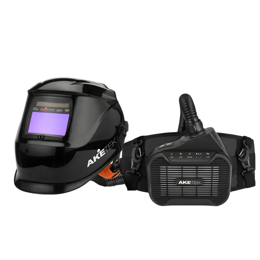 AKETEK® VIEW AIR Schweißhelm mit am Gürtel getragenem AIR-Gebläsefiltergerät und Luftschlauch