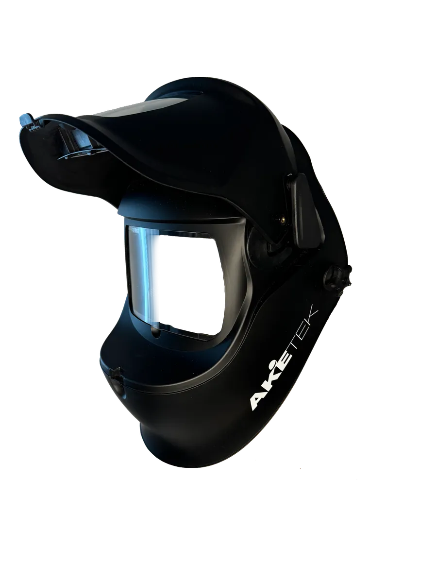 AKETEK® Lift-Up Schweißhelm mit hochgeklapptem Schweißvisier über dem klaren Schleifvisier