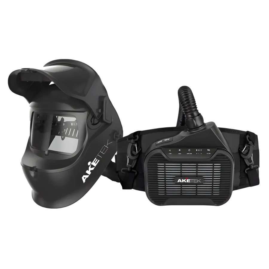 AKETEK® Lift-Up AIR Schweißhelm mit am Gürtel getragenem AIR-Gebläsefiltergerät und Luftschlauch