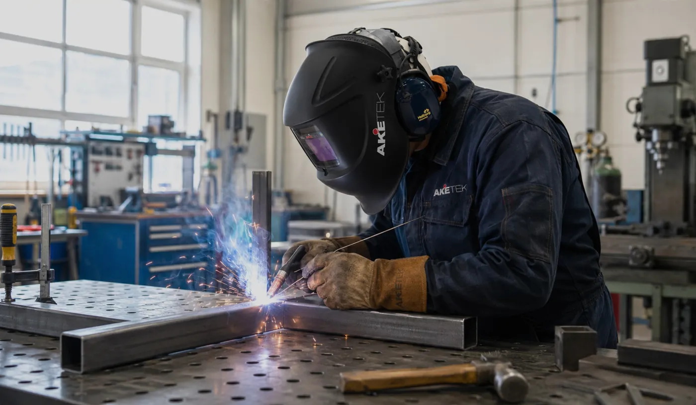 Welder wearing an AKETEK® AUDIO helmet over earmuffs, TIG welding steel tube on a workshop bench