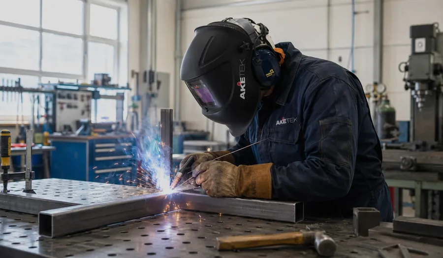 Schweißer mit AKETEK® AUDIO Helm über Kapselgehörschutz beim WIG-Schweißen von Stahlrohr an einer Werkbank