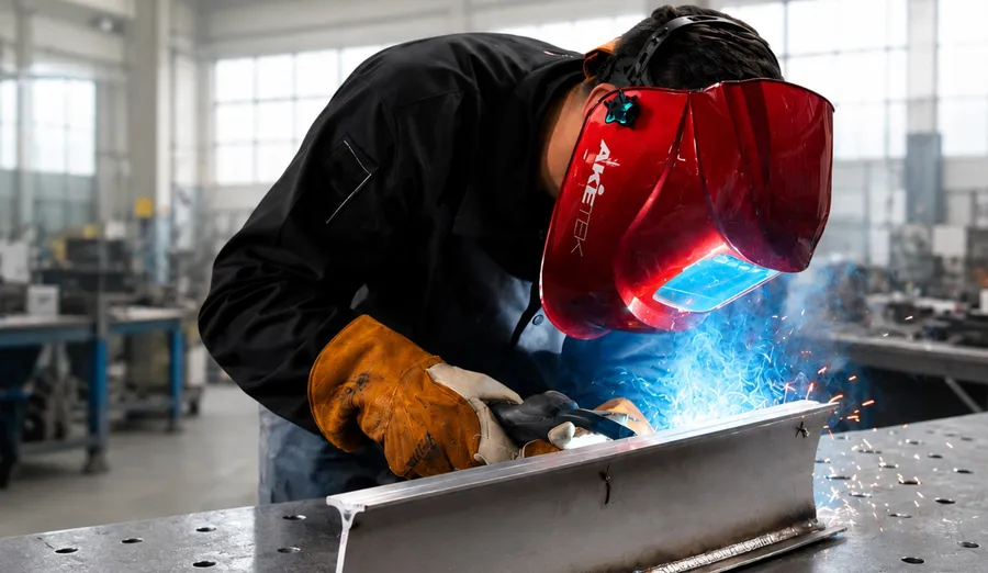 Schweißer mit einem AKETEK® VIEW Helm in Metallic-Rot beim MIG-Schweißen eines Stahlträgers in einer Werkstatt